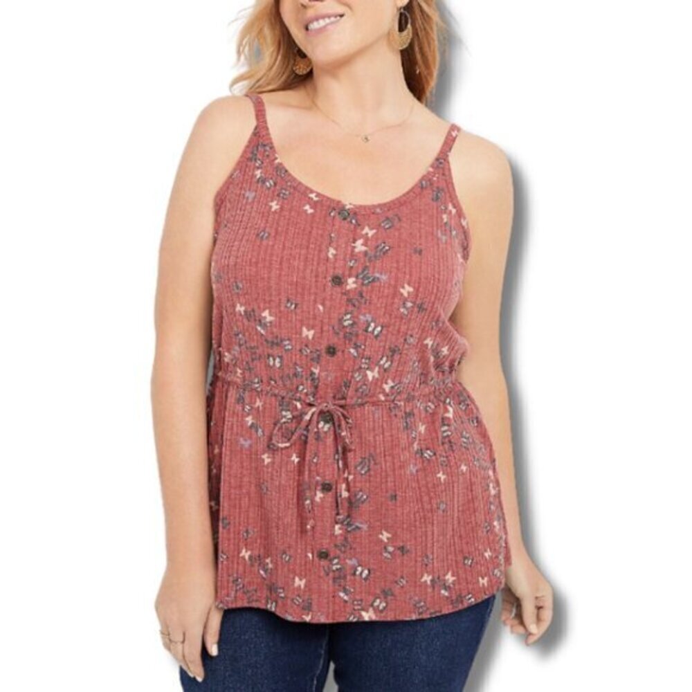 Maurices Brick Red / Pink Butterfly Button Down Front Tank Top